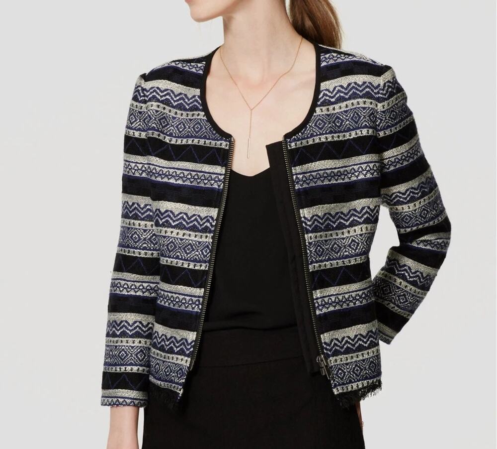 Ann Taylor Blue White Striped Full Zip Cardigan Sweater Women's Size Medium